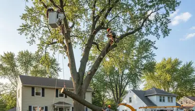 Professional arborists performing safe tree removal with bucket truck in Minneapolis, MN