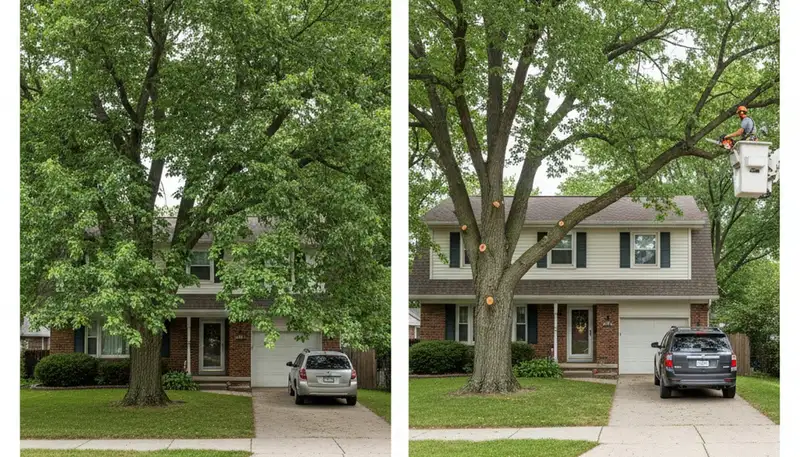 Arborist lifting tree canopy for better clearance on Minneapolis, MN driveway during professional trimming