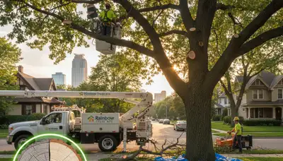 Arborist removing dead branches from mature tree with safety gear in Minneapolis, MN