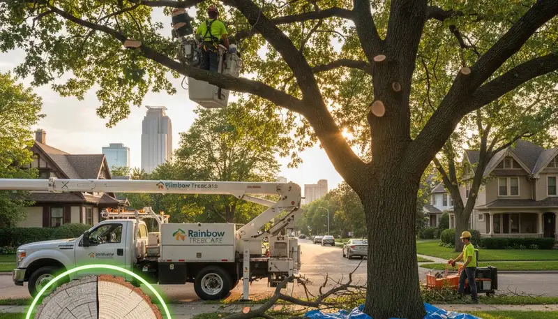 Arborist removing dead branches from mature tree with safety gear in Minneapolis, MN