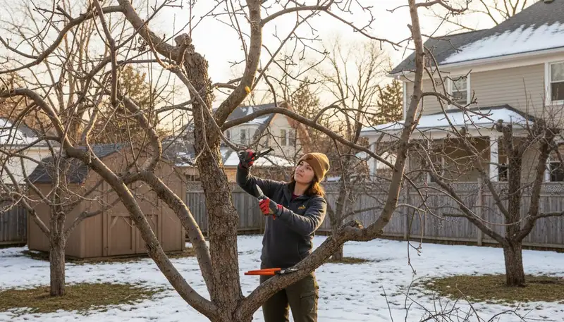 Arborist pruning fruit tree in Minneapolis MN backyard orchard for healthy growth and balanced structure