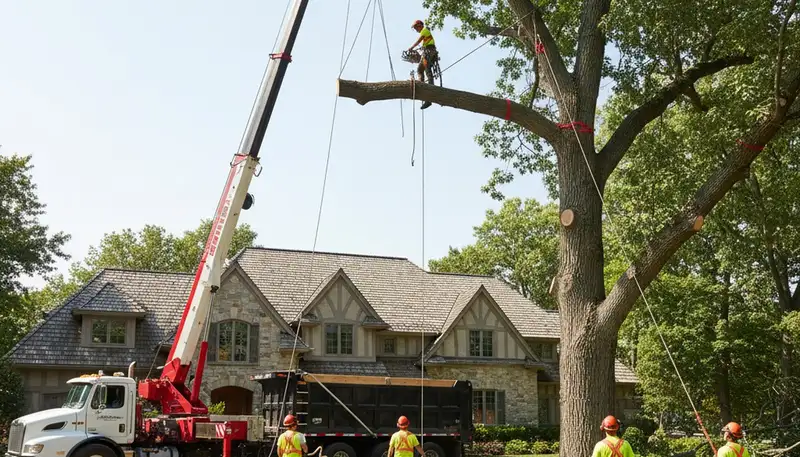 Arborists performing large tree removal in Wayzata, Minneapolis, MN using bucket truck and rigging systems