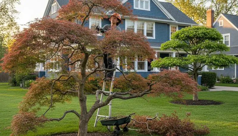 Certified arborist hand pruning ornamental Japanese maple in Minneapolis, MN residential landscape
