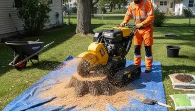 Professional stump grinding service removing tree stumps in South Saint Paul, MN yard