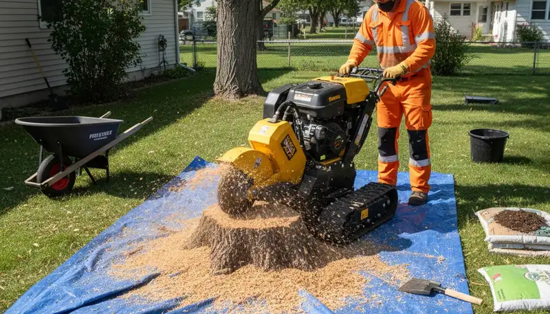 Professional stump grinding service removing tree stumps in South Saint Paul, MN yard