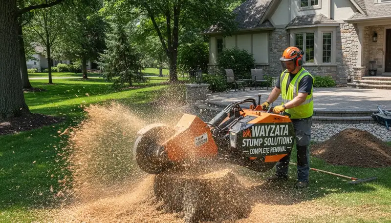 Professional stump grinding service removing tree stumps in Wayzata, Minneapolis, MN yard