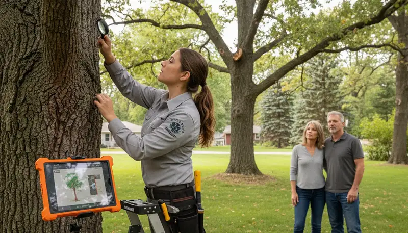 Certified arborist performing tree health assessment in South Saint Paul, MN for Minneapolis tree service