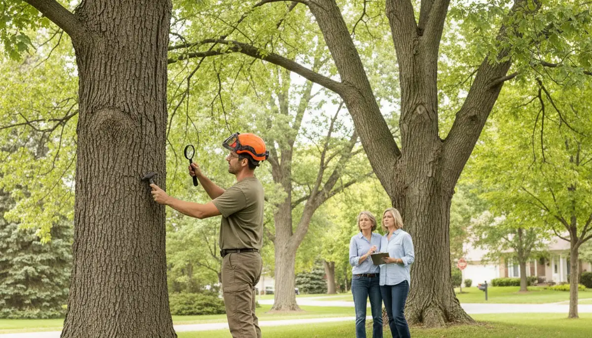 Certified arborist performing tree health assessment for homeowners in Wayzata, MN