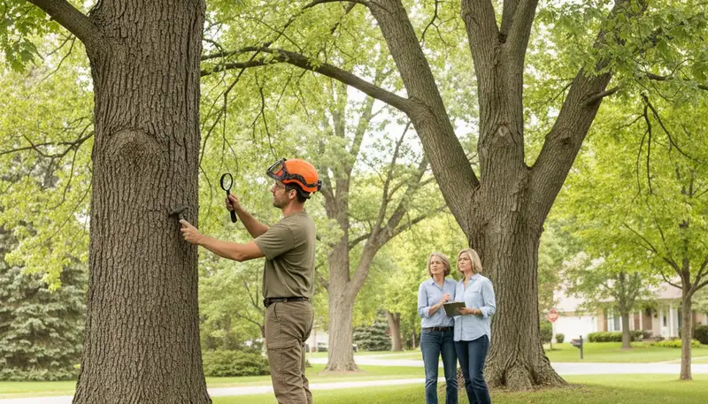 Certified arborist performing tree health assessment for homeowners in Wayzata, MN