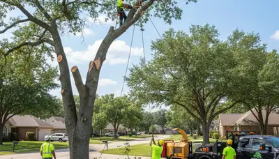 Professional tree removal crew cutting large oak tree in Minneapolis, MN for residential property safety