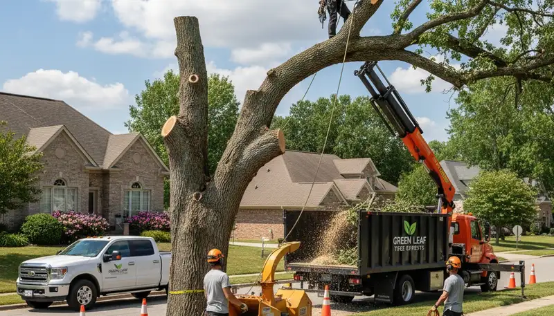 Professional tree removal crew working safely on large oak in Minneapolis, MN neighborhood