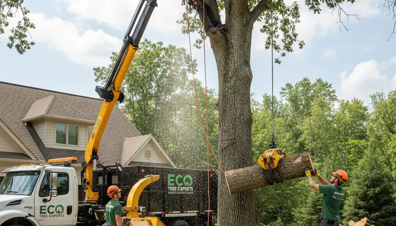 Professional tree removal crew cutting oak tree in Minneapolis, MN for Chop Chop Tree service