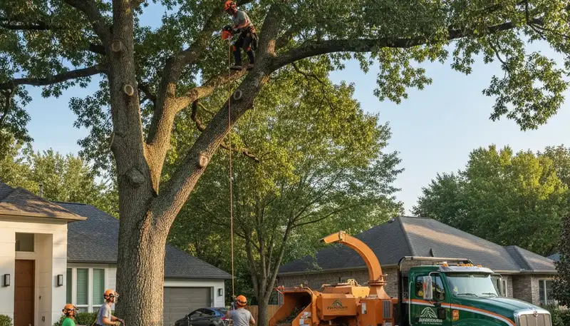 Professional tree removal crew cutting large oak in Minneapolis, MN yard for Chop Chop Tree service