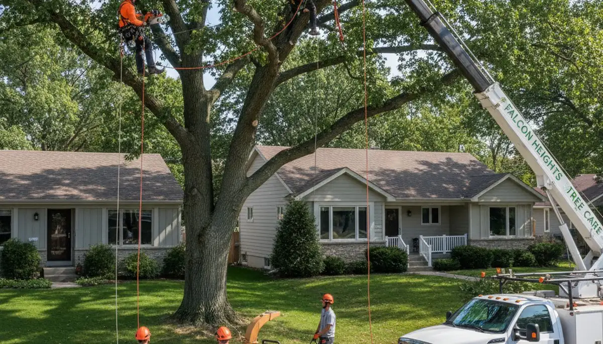 Professional tree removal service in Minneapolis MN safely cutting large oak tree