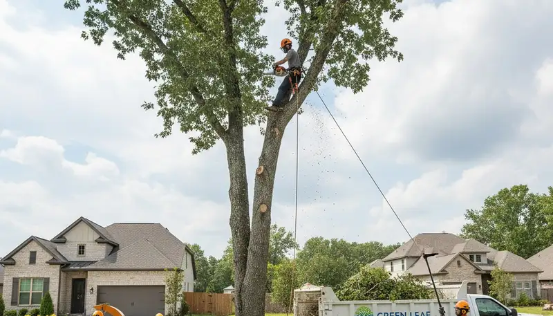 Arborist trimming oak tree branches in Minneapolis, MN for safe, healthy tree maintenance