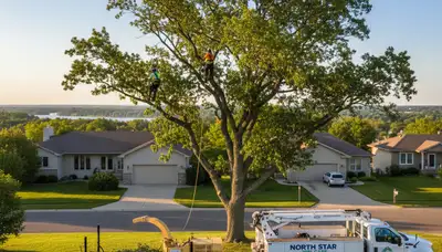 Professional tree removal service in Minneapolis MN safely cutting large oak tree