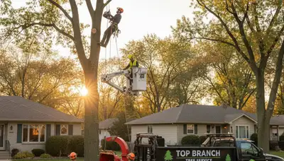 Professional tree removal service in Minneapolis MN safely clearing large oak tree in residential yard
