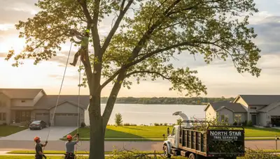 Professional tree removal service in Minneapolis MN safely cutting down large oak tree