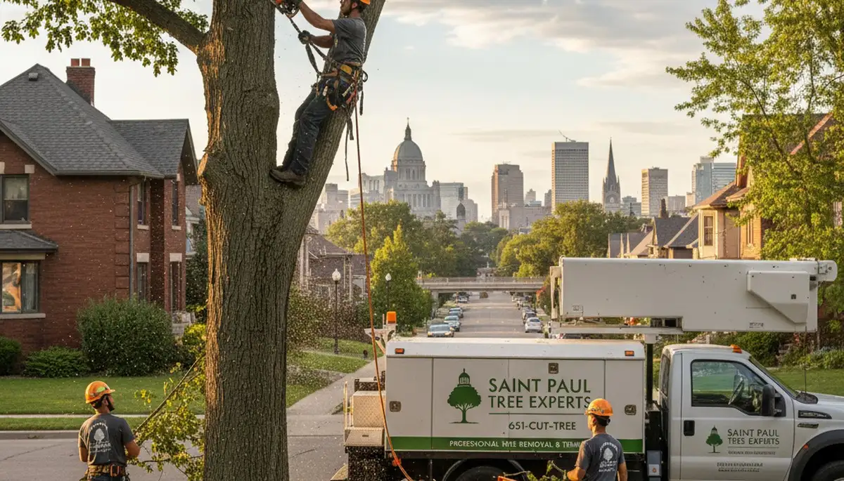 Professional tree removal service in Minneapolis MN safely cutting large oak tree branches