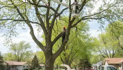 Professional tree removal service in Minneapolis MN safely cutting large oak tree